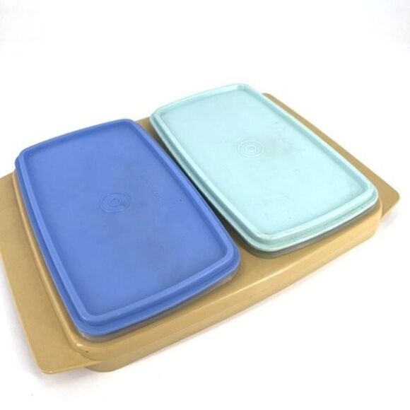 VTG Tupperware Double Deli Serving Tray Harvest Gold Meat & Cheese Keeper Blue - Picture 3 of 12